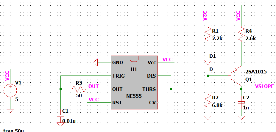 SLOPE回路(ノコギリ波形発振回路)をタイマIC NE555とPNPトランジスタ2SA1015を使ってLTspiceでシミュレーションをする